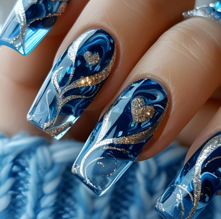 24-Piece Long Coffin Press-On Nails – Blue & Gold Glitter Heart Design