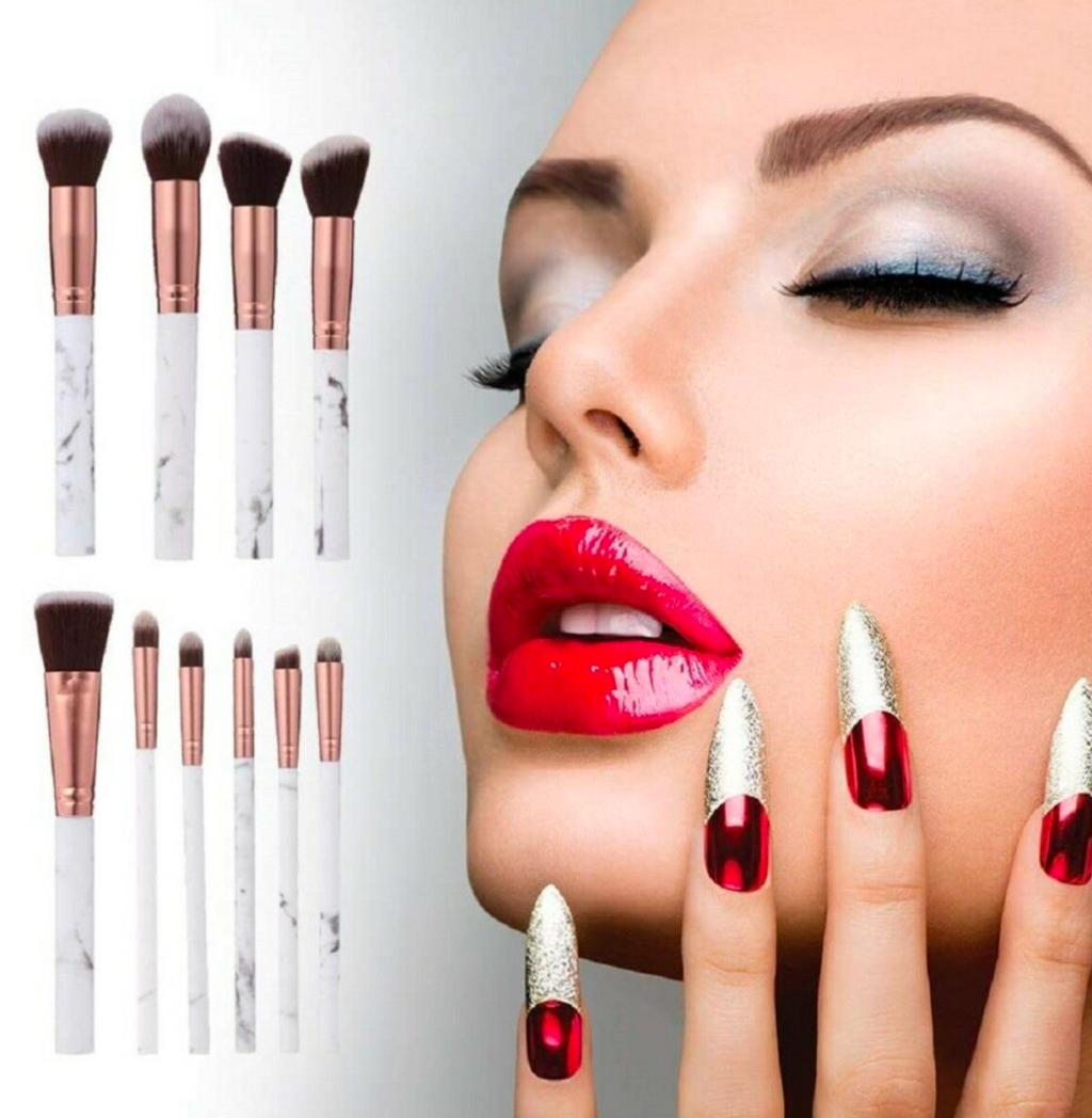 Premium 10-Piece Marble Makeup Brush Set – Rose Gold Handles