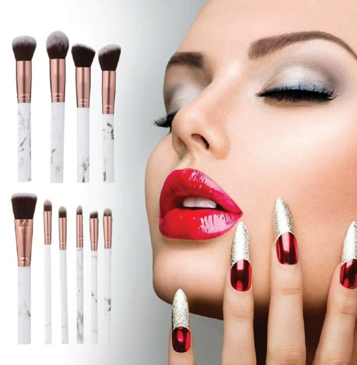 Premium 10-Piece Marble Makeup Brush Set – Rose Gold Handles