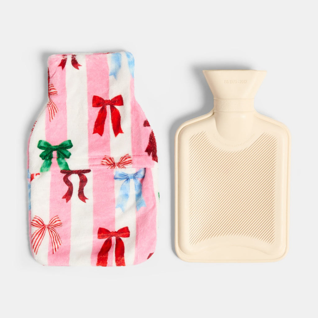 Supersoft Multi Bow Stripe Hot Water Bottle Gift Set - Pink/White