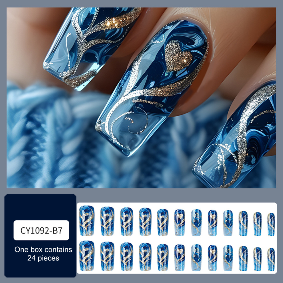24-Piece Long Coffin Press-On Nails – Blue & Gold Glitter Heart Design